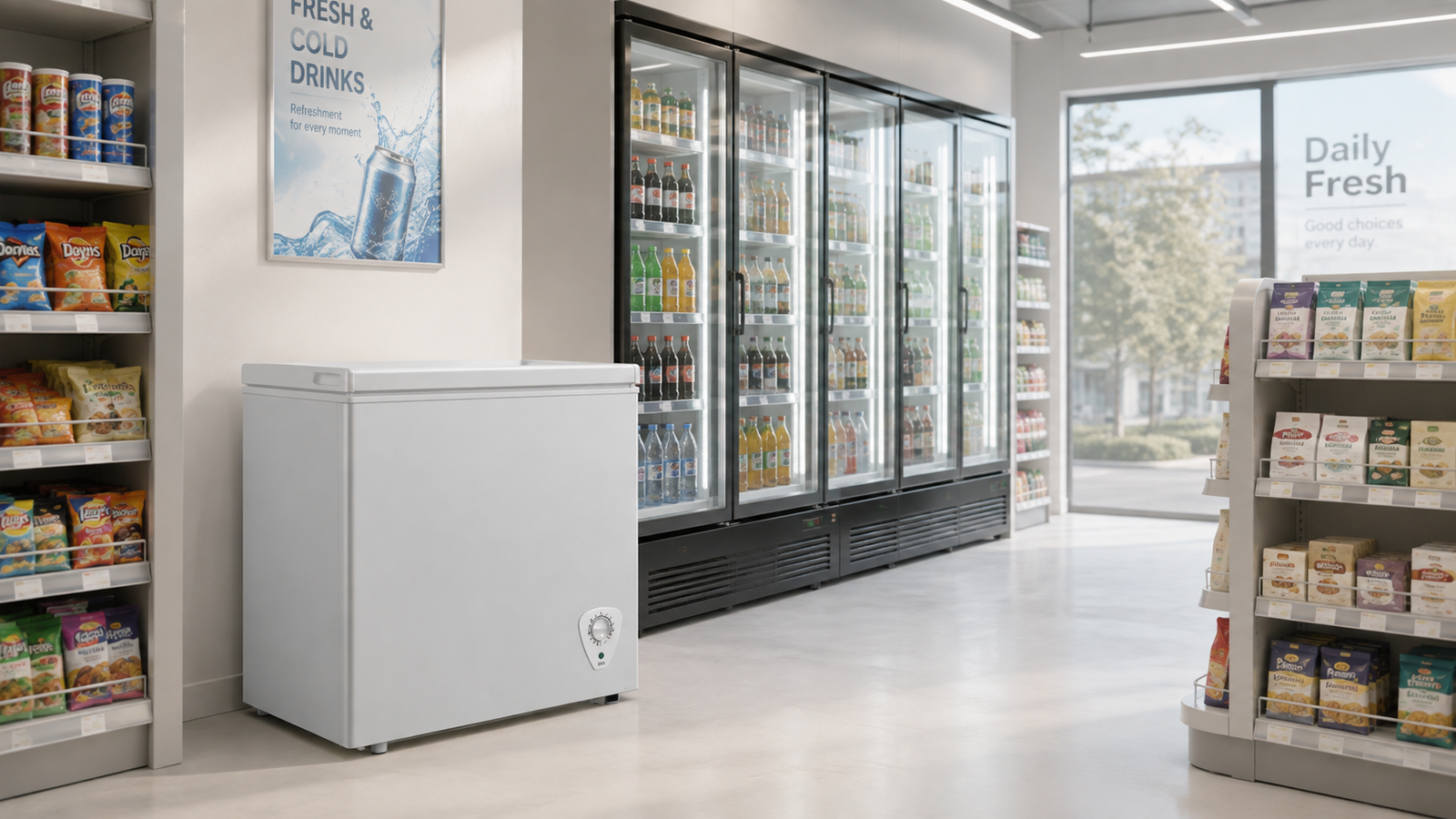 Convenience store with chest freezer and refrigerated display cabinets