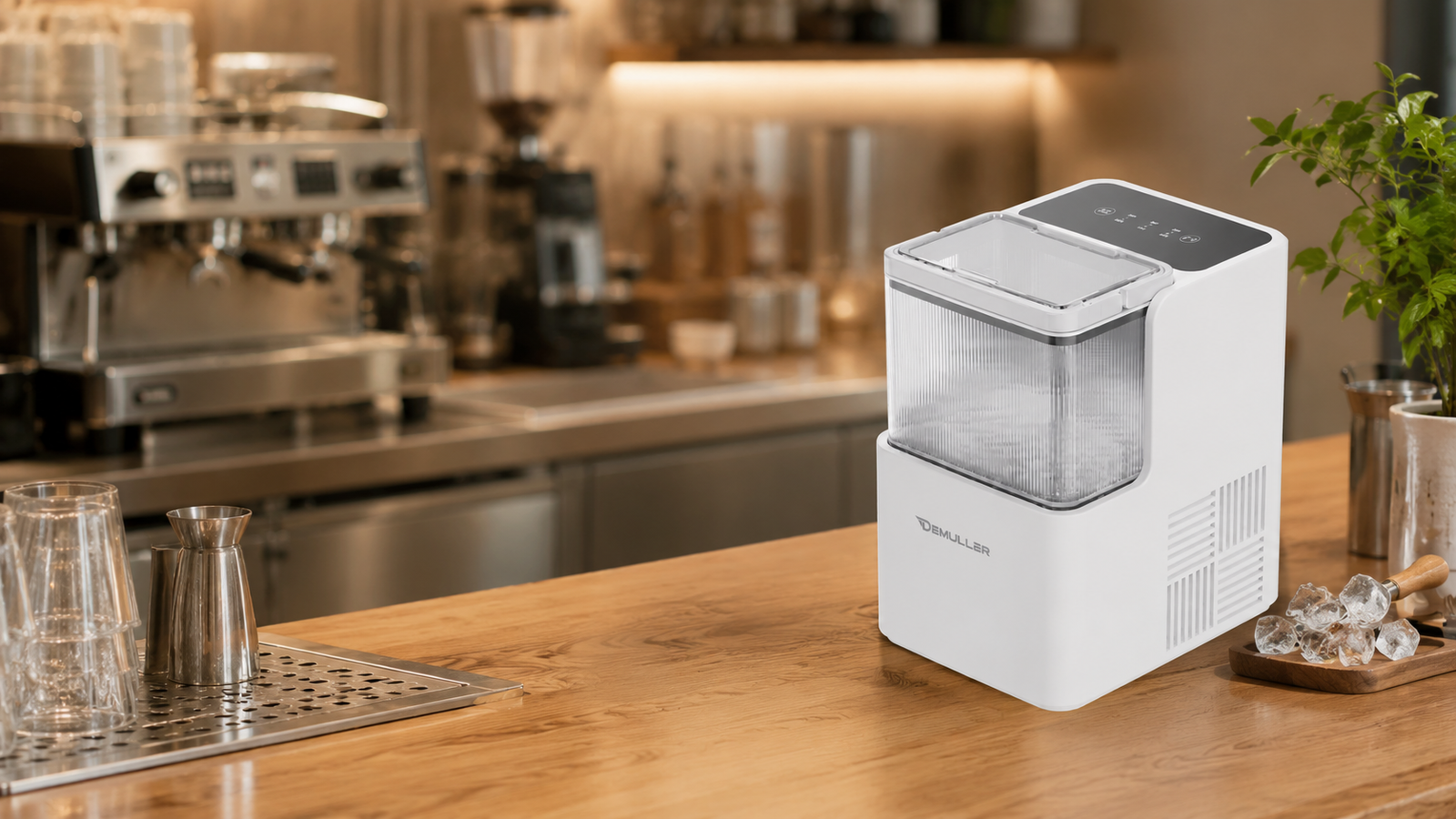 White DEMULLER countertop ice maker in a café and restaurant bar setting