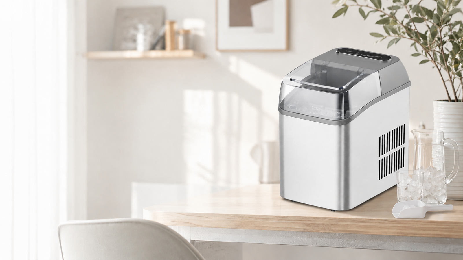 Silver countertop ice maker in a bright modern home or office pantry
