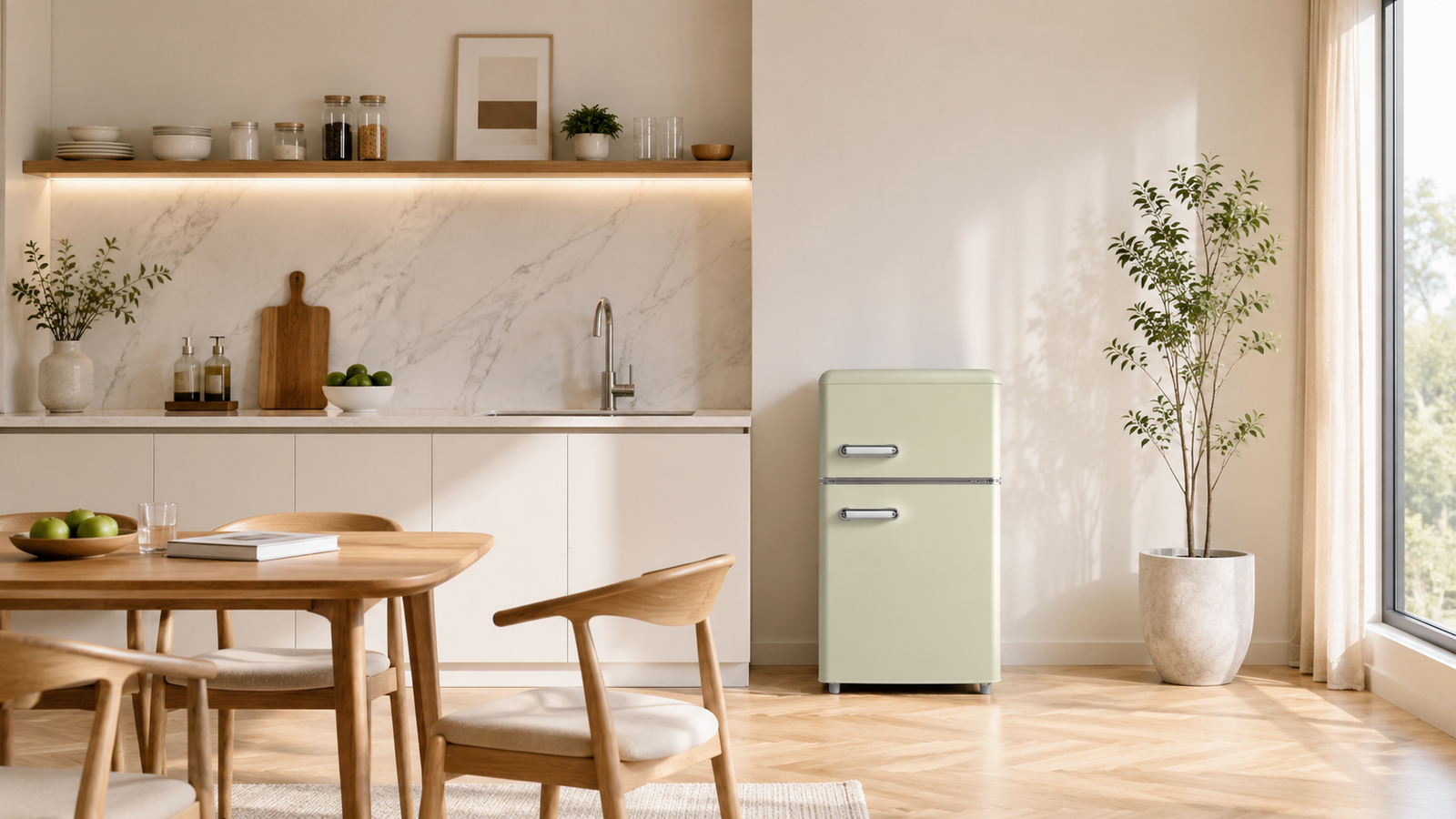 Compact refrigerator in a bright modern home kitchen and dining space