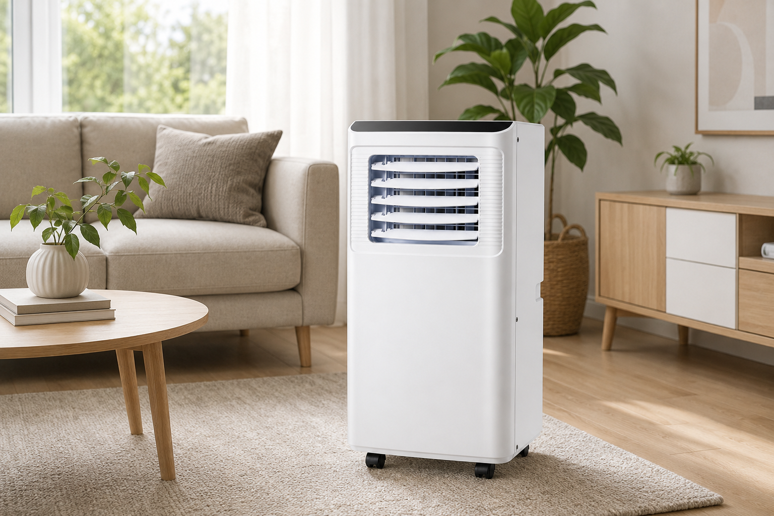 Portable air conditioner in a bright modern home living room