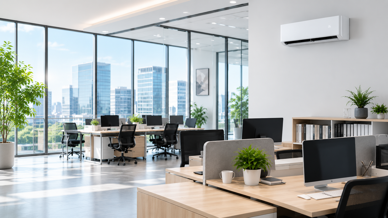 Bright modern office workspace with wall-mounted air conditioner