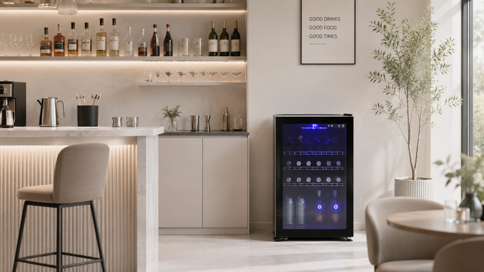 Stylish bar and café with beverage and wine display cooler