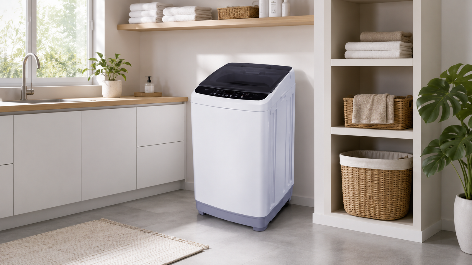 Top-loading washing machine in a modern home laundry room