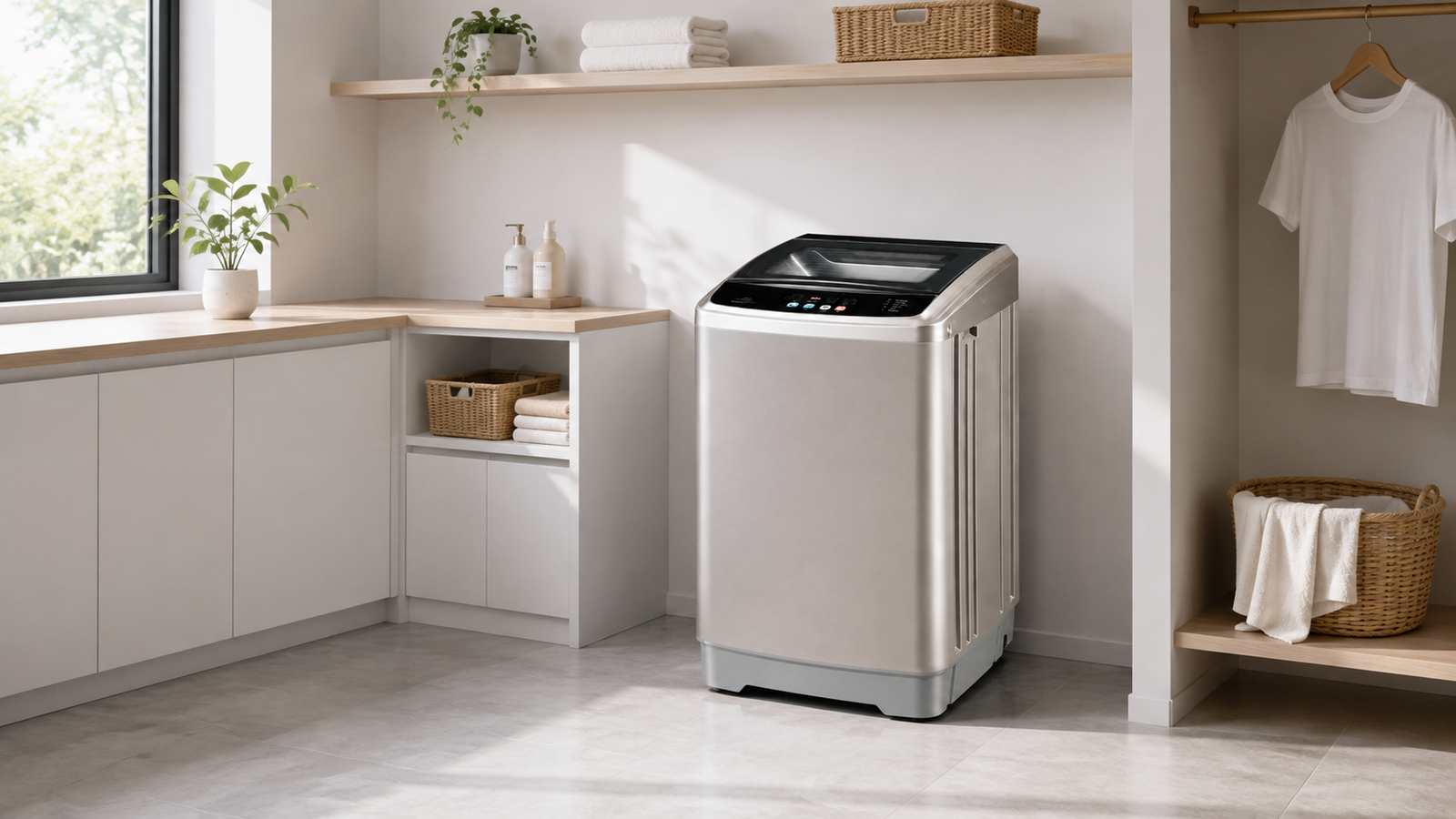 Silver top-loading washing machine in a modern apartment laundry area