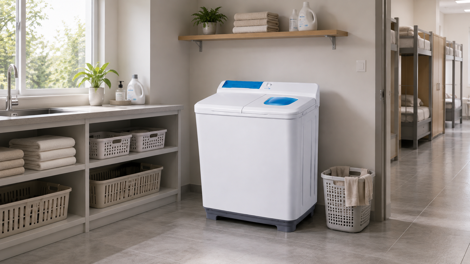 Twin-tub washing machine in a shared dormitory laundry area