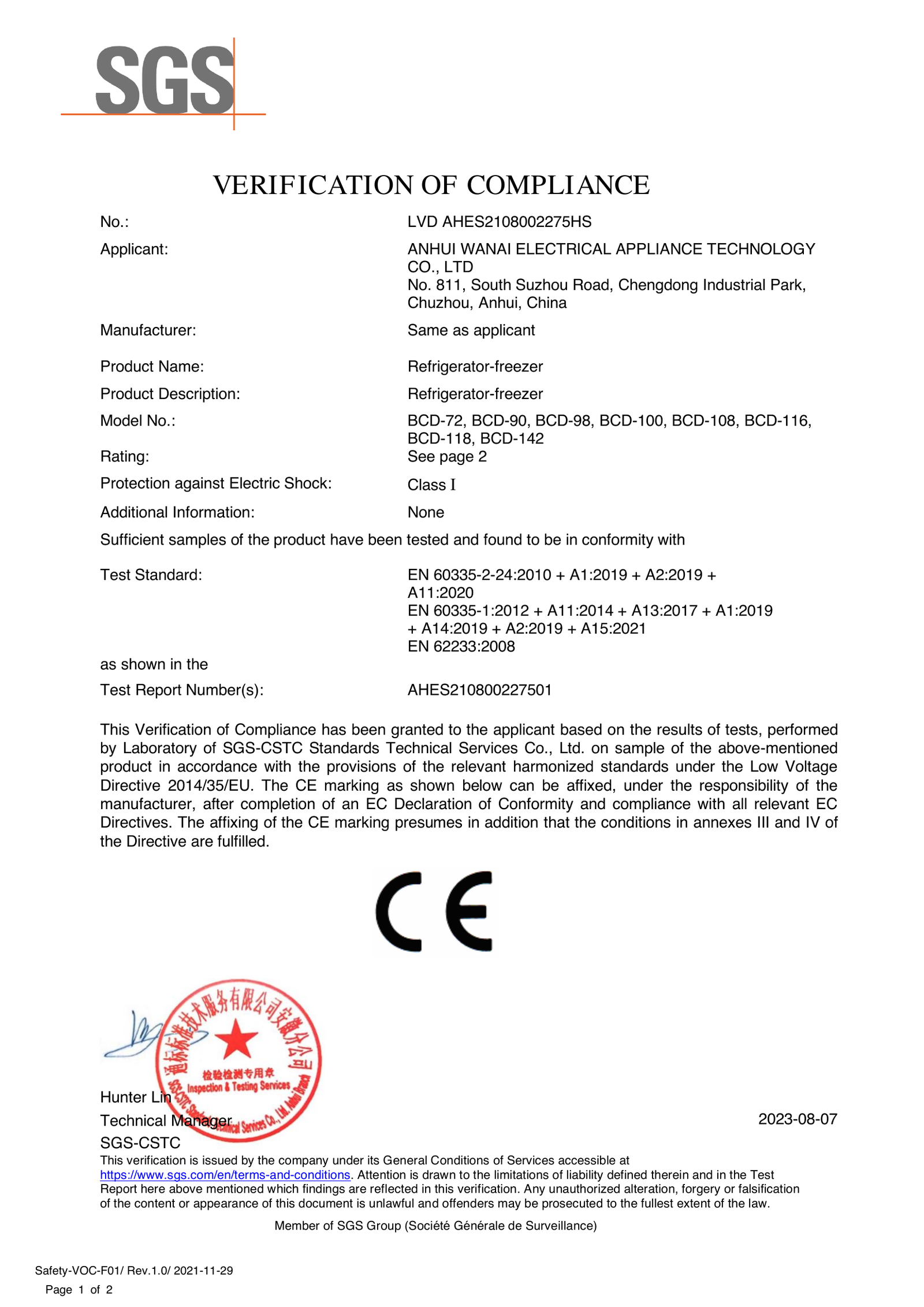 Certifications Refrigerator-Freezers CE / LVD certificate, full original page 1