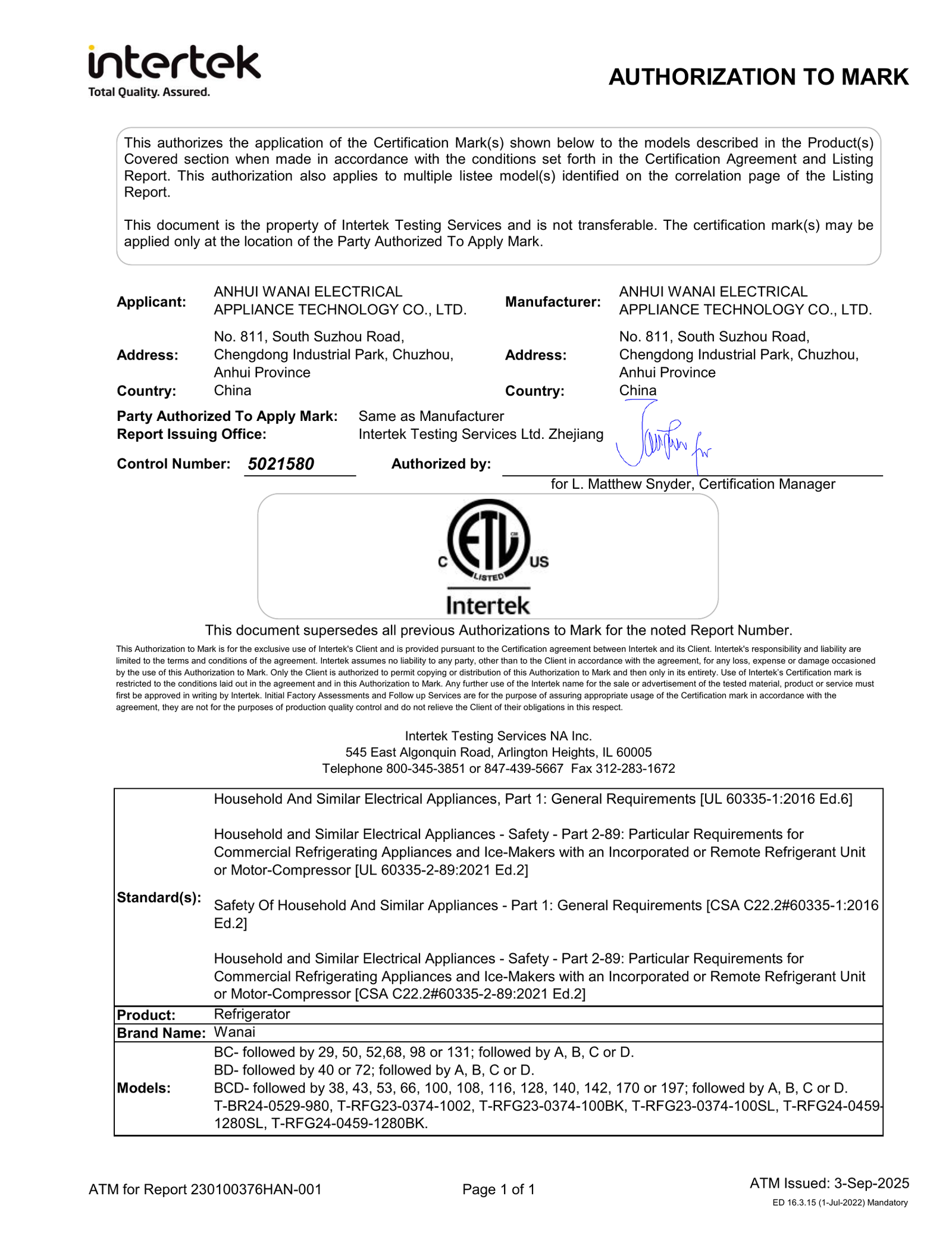 Certifications Refrigerators ETL certificate, full original page 1