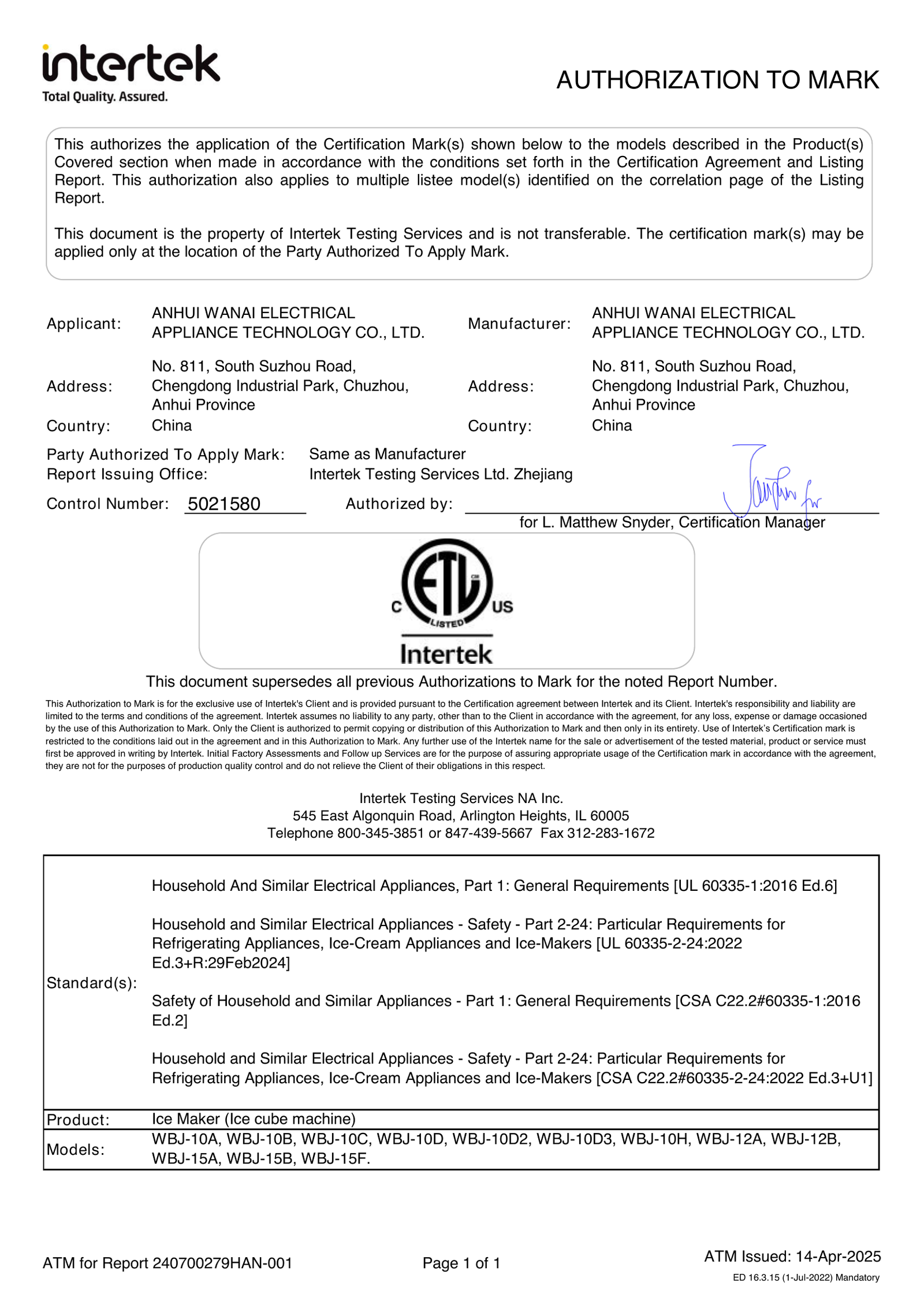 Certifications Ice Makers ETL certificate, full original page 1