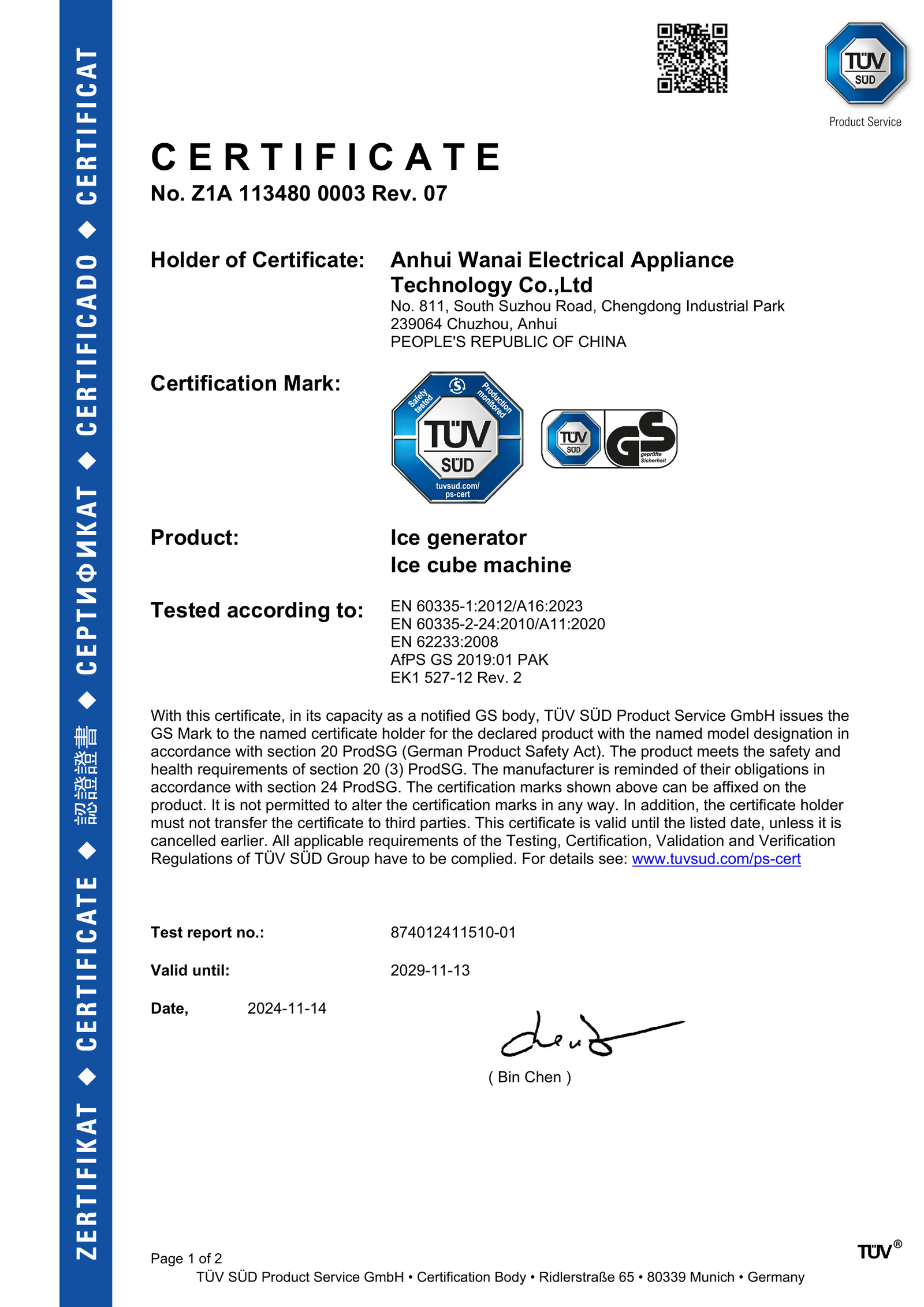 Certifications Ice Makers GS certificate, full original page 1